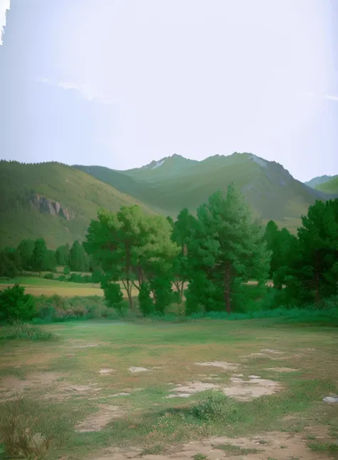 sky, mountain, trees, grass ground, photorealistic, photo real