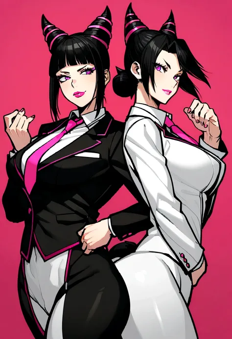 juri han,Beautiful girl, shorth hair, wearing a formal suit, necktie, large breasted, sensuous, lipstick, smilling face, gorgeous eyes, Bblack hair, Clean and combed hair, rot (x) Behind her, Combat posture,x, hair horns, whole body, Butt tail