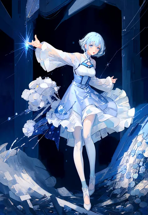 Character (adult woman) (light blue hair) (white dress-style clothing) (character in dynamic pose) (full body in frame) (starry night sky background)