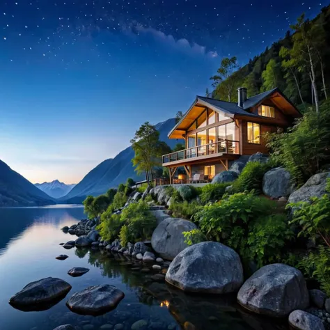 imagine a bird view on modern, luxurious hut nestled under the stars with majestic mountains in the background and a serene lake...