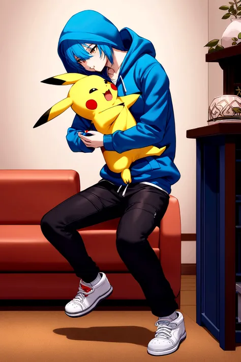 Pikachu wearing a hoodie, black pants, and white shoes eating at home with a human, white shirt, black pants, and white shoes