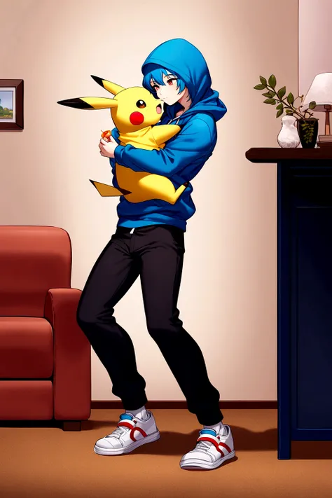 Pikachu wearing a hoodie, black pants, and white shoes eating at home with a human, white shirt, black pants, and white shoes