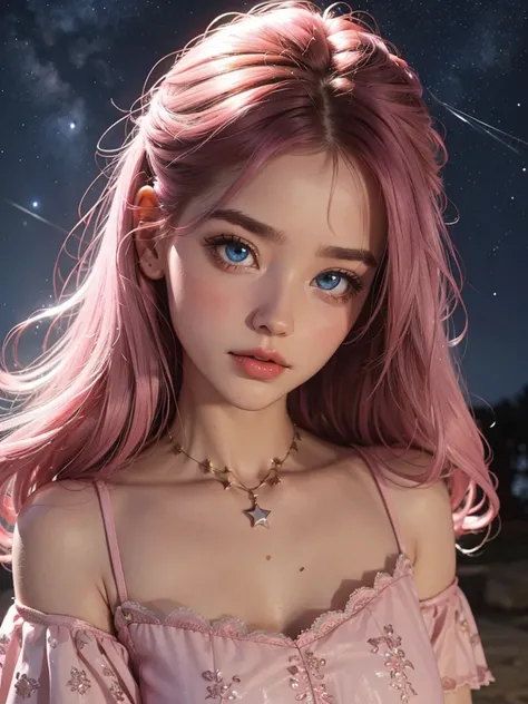 young woman, face close up, pink dress, milky developing hair, starry sky, big beautiful eyes
