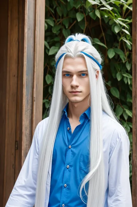 21 year old boy with long white hair, blue eyes and blue prince clothes 