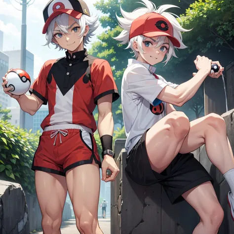 Male focus,pokemon uniform,white hair,freckles,messy hair,black eyes,overgrown hair,(high resolution),holding pokeball,determined,cute,shorts,bandaid on leg,petite,bulge,cool pose,(1 male)hat on,smile