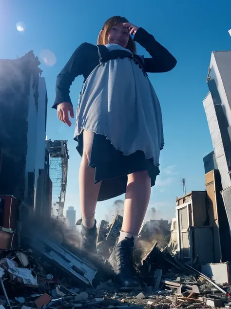 （Giantess Elements、High resolution、High resolution、high quality、Accurate body structure、Detailed body） Towering Giant Girl，50,000 feet high、Looking up at the approaching woman from below、Giants attack the city、cute、Blonde、Destroy a small town女性、Destroy a s...