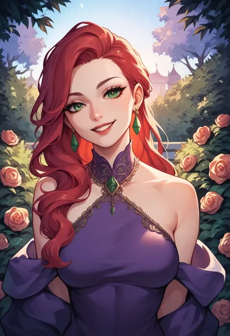 1 12 year old girl, with the appearance of a girl, Alone, long red hair, clear skin, old, green eyes, purple dress, smiling, looking at the viewer, background of a garden at night, but even the eyes 