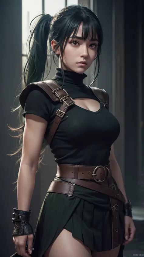 A young female mage with dark green hair sectioned into three groups of bangs, tied into a thick side ponytail, purple droopy eyes with abundant eyelashes, tight-fitting black top with four straps, thick front-clasped belt with two side loops, black thigh-...