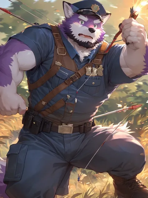 anthro, kemono, male, solo, ((round face, very plump face, thick beard)), (((dark beard))), ((endomorph body type, old-aged, mature)), ((purple fox, fox) fluffy fur, fluffy), (at training camp, field), bokeh, (high quality, highres, masterpiece), (dynamic ...