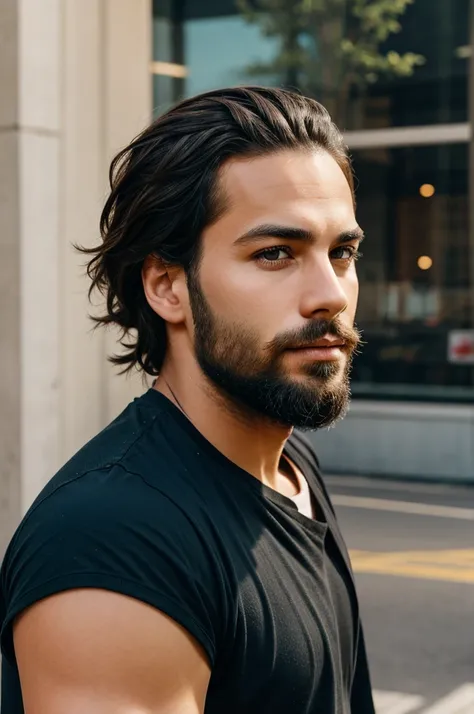 a young handsome boy with some beard, street hair 