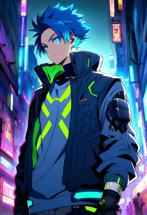 anime boy, blue hair, anime, cyberpunk ropa, half dragon