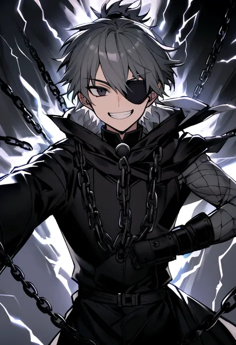 a man, young 20 years old, cold look, smiling fiercely, white teeth, messy short gray hair, ponytail, black eyes, left eye patch, black clothes, dark cape with hood, chains. frontal camera. White and black lightning overflowing from the right arm.