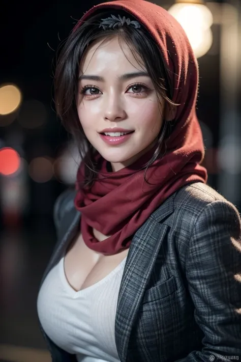 a gorgeous middle-aged busty woman, hijab, blazer, beautiful smile showing teeth, pov, lover, cinematic lighting, (best quality,4k,8k,highres,masterpiece:1.2),ultra-detailed,(realistic,photorealistic,photo-realistic:1.37),HDR,UHD,studio lighting,ultra-fine...