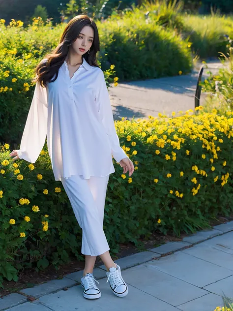 ((masterpiece, Best quality, a high resolution, ultra detailed),(beautiful and aesthetically pleasing:1.2), 1 woman, adult, perfect body, Beautiful, Detailed eyes and face, long oversized shirt, skinny jeans, Converse sneakers, golden hour, Field of Flower...