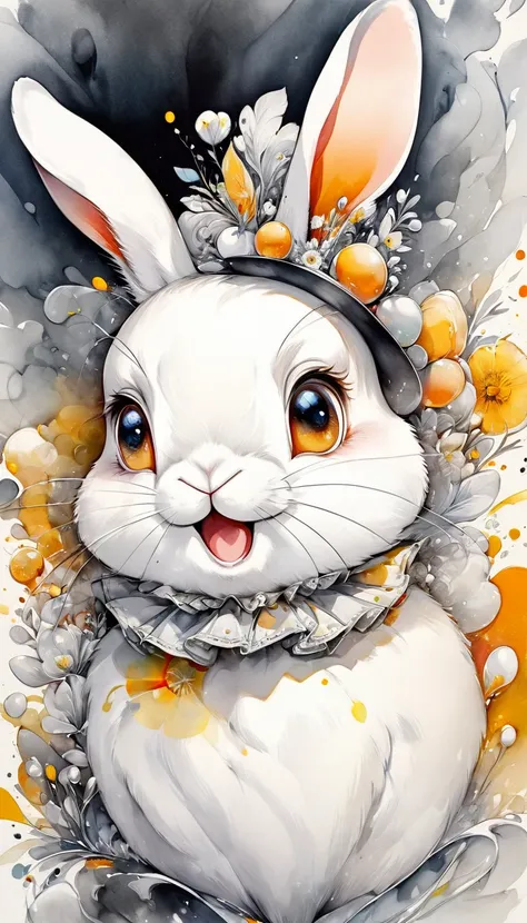 Highest quality, Super quality, 16K, Incredibly absurd, Very detailed, 2.5D, delicate and dynamic, A fusion of watercolor and oil painting, Mixing monochrome and color, Funny rabbit portrait, Cute face, Cute pose