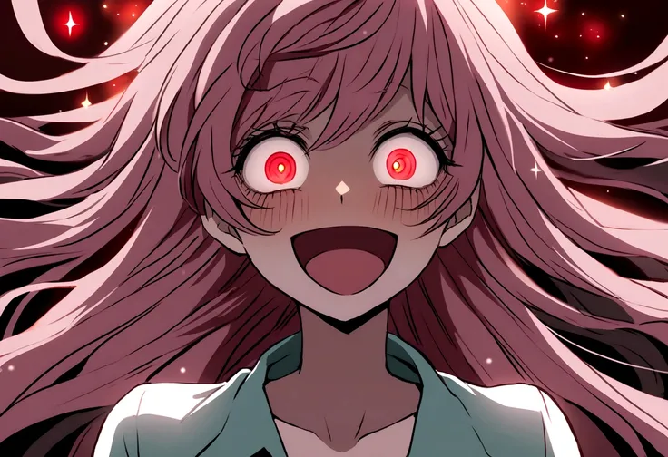 Too many Crazy eyes laughing Yandere Crazy anime woman. Looking. red Shining eyes.