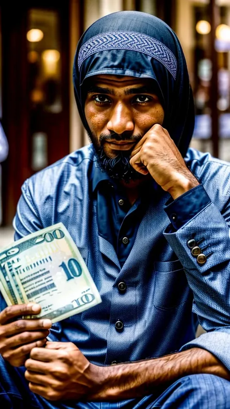 
a Muslim who was sitting calmly and beautifully holding several banknotes. Next to him was an open piece of paper, apparently containing a list of debts that had been paid off. His facial expression was full of calm and gratitude.