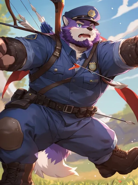 anthro, kemono, male, solo, ((round face, very plump face, thick beard)), (((dark beard))), ((endomorph body type, old-aged, mature)), ((purple fox, fox) fluffy fur, fluffy), (at training camp, field), bokeh, (high quality, highres, masterpiece), (dynamic ...