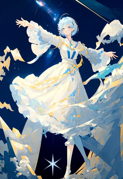 Character (adult woman) (light blue hair) (white dress-style clothing) (character in dynamic pose) (full body in frame) (starry night sky background)