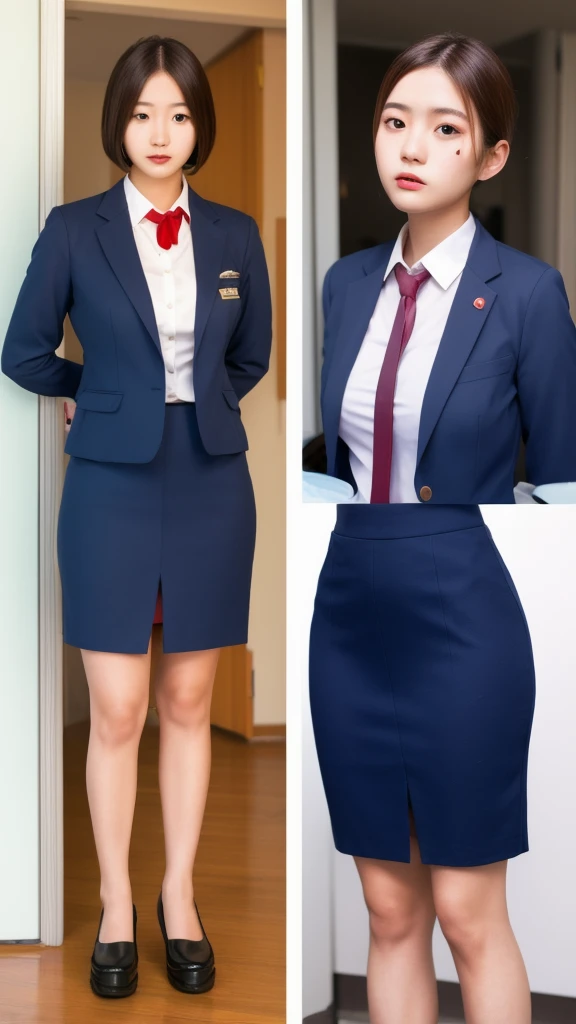 20-year-old beautiful Japanese woman,wearing flight attendant suit and skirt,full body,ultra realistic photoNegative prompt: (weird:1.2) and destroy face,text, mark,low quality