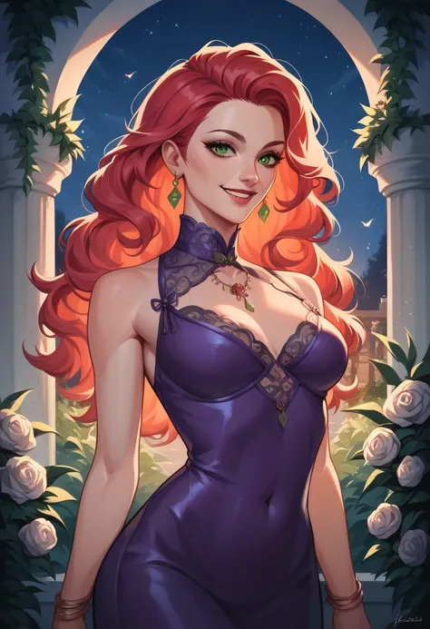 1 10 year old girl, with the appearance of a girl, Alone, long red hair, clear skin, old, green eyes, purple dress, smiling, looking at the viewer, background of a garden at night, but even the eyes 