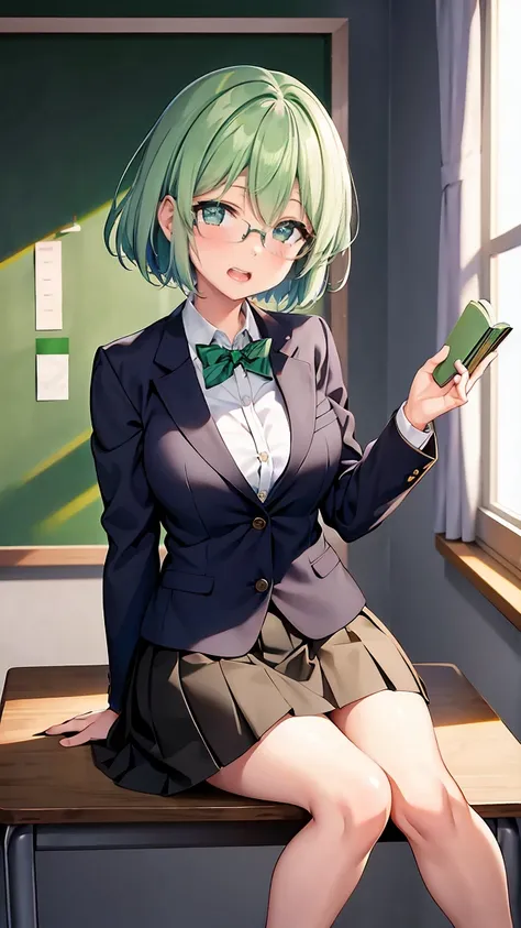 Girl with short green hair, Small size breasts,、Green Eyes, 、,Full body photo from head to toe、、、、Uplifting、、、School teacher、Glasses、Teaching in the classroom、Read a book aloud、Tight Skirt、Formal suit、