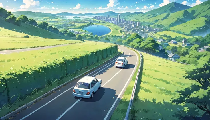 picture of a car driving on a road next to green hills, anime countryside landscape, makoto shinkai. high detail, by kaii higash...