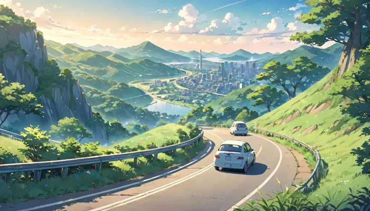 picture of a car driving on a road next to green hills, anime countryside landscape, makoto shinkai. high detail, by kaii higash...