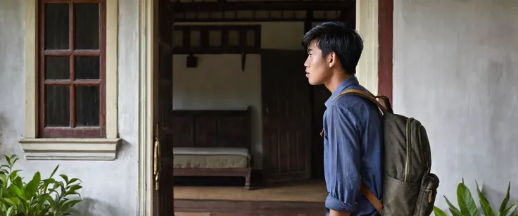 A Indonesian young male student aged around 22-24 years old entered an ancient Dutch colonial style house for the first time. He wore simple clothes with a backpack, opened the front door with a curious and slightly worried expression. The houses walls are...