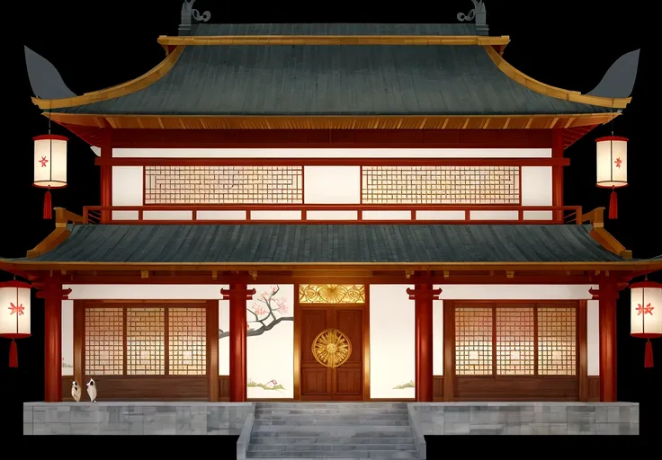 illustration of a traditional chinese building with lanterns and a bird, temple background, zen temple background, background depicting a temple, digital painting of a pagoda, japanese temple, japanese house, korean traditional palace, background art, pala...