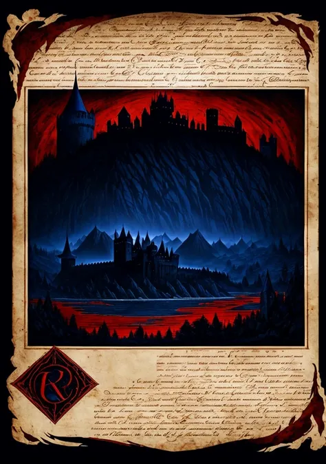 graphic design，Dark Red、Dark blue is the main color，Dark medieval style，Age of Magic，Parchment scroll old style，Blood Texture，In the center of the picture is a dark castle，There&#39;s a bloody title at the top of the screen: &reference;Full moon night&refe...