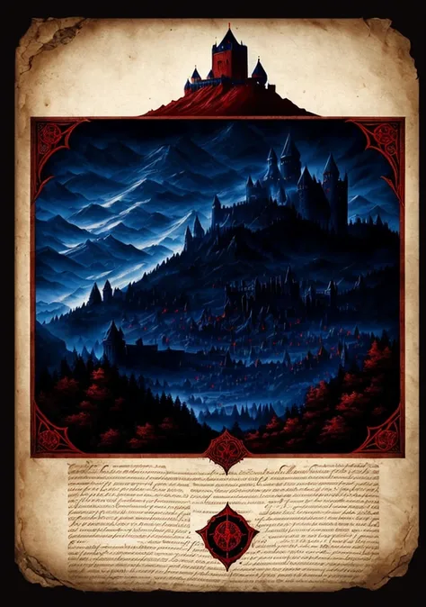 graphic design，Dark Red、Dark blue is the main color，Dark medieval style，Age of Magic，Parchment scroll old style，Blood Texture，In the center of the picture is a dark castle，There&#39;s a bloody title at the top of the screen: &reference;Full moon night&refe...