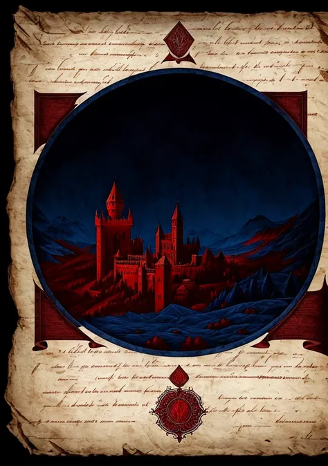 graphic design，Dark Red、Dark blue is the main color，Dark medieval style，Age of Magic，Parchment scroll old style，Blood Texture，In the center of the picture is a dark castle，There&#39;s a bloody title at the top of the screen: &reference;Full moon night&refe...