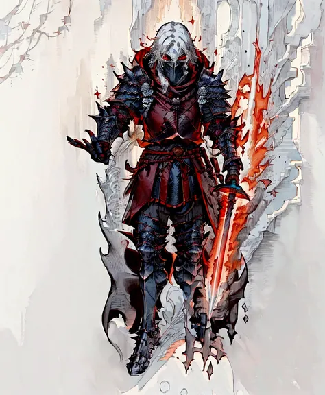 a close up of a person in a red robe holding a sword, flowing robes and leather armor, picture of a male cleric, armor and robes, dark crimson robes, anthropomorphic raven knight, wearing robes of silver, wearing dark red armor, full body red cloak, crimso...