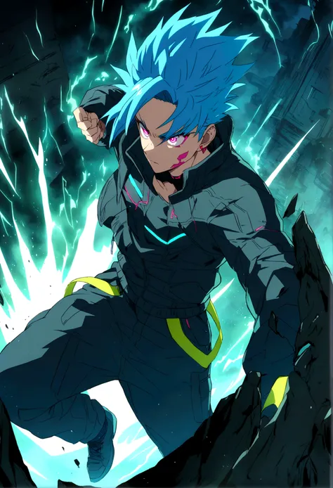 anime boy, blue hair, anime, cyberpunk ropa, half dragon, God, fighting various enemies