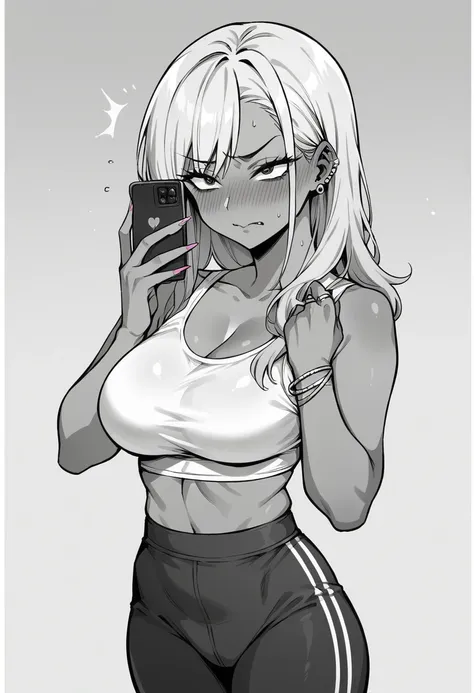 ((sexy girl ,gyaru))nsfw,glamorous, flushed face,blush,blushing, ashamed, bashful, flushed face, stand,yoga wear.point the smart phone