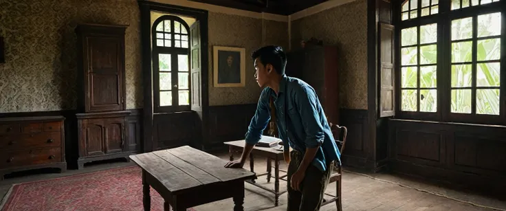 A Indonesian young male student, around 22-24 years old, is exploring the rooms of an old Dutch colonial-style house. He is looking around a dimly lit room with curiosity, examining the old wooden furniture, faded wallpaper, and dusty windows letting in so...