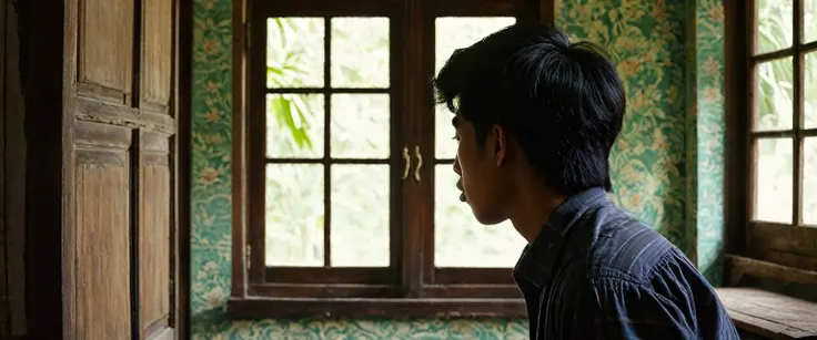 A Indonesian young male student, around 22-24 years old, is exploring the rooms of an old Dutch colonial-style house. He is looking around a dimly lit room with curiosity, examining the old wooden furniture, faded wallpaper, and dusty windows letting in so...