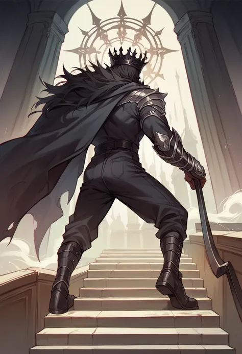 Highest quality　Back view of the Black Prince　The Rolling Black Crown　Background、On the long staircase leading to the gates of the underworld、Daytime