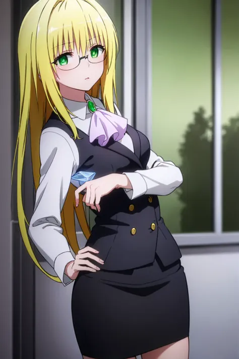 tearjulunatique, tearju lunatique, long hair, blonde hair, (green eyes:1.5), sidelocks, glasses,
break shirt, collared shirt, wh...