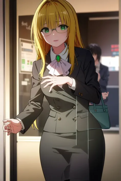 tearjulunatique, tearju lunatique, long hair, blonde hair, (green eyes:1.5), sidelocks, glasses,
BREAK shirt, collared shirt, white shirt, suit, formal suit, long sleeves, ascot, white ascot, gemstone, green gemstone, skirt, pencil skirt,
BREAK indoors, cl...