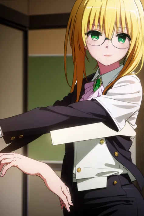 tearjulunatique, tearju lunatique, long hair, blonde hair, (green eyes:1.5), sidelocks, glasses,
break shirt, collared shirt, wh...