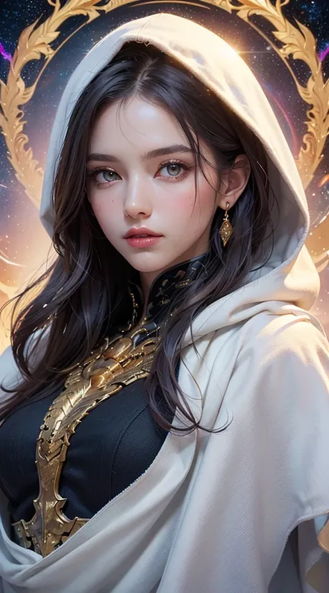 (masterpiece, top quality, best quality, official art, beautiful and aesthetic:1.2), (1girl), extreme detailed eyes, (fractal art:1.3), colorful, highest detailed, (perfect face), shiny skin, HDR, (white cloak golden lines:1.2), galaxy, (light streaks), st...