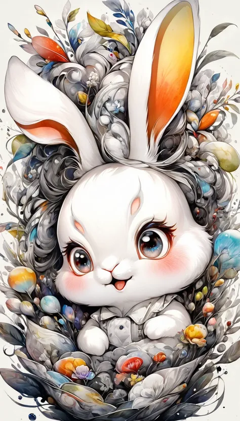 Highest quality, Super quality, 16K, Incredibly absurd, Very detailed, 2.5D, delicate and dynamic, A fusion of watercolor and oil painting, Mixing monochrome and color, Funny rabbit portrait, Cute face, Cute pose