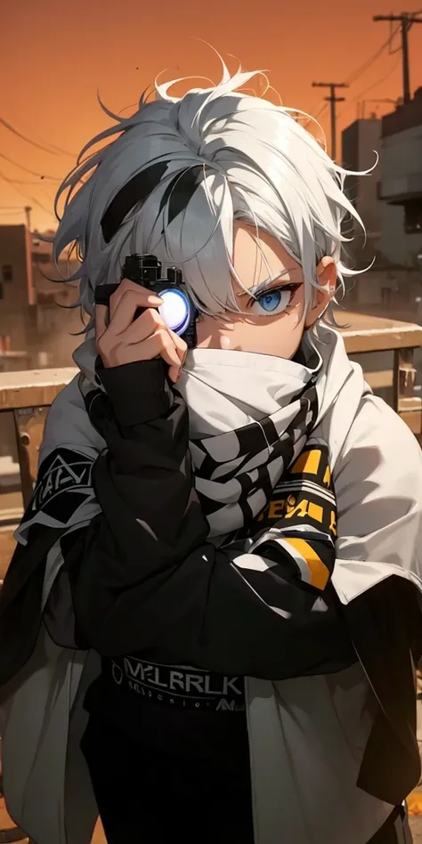 Boy with white hair;
shorth hair;
Messy hair;
eye white;
Some gun sight marks on the pupils;
wear black pants;
black jersey;
A white sweater;
A white scarf;
Pupilas brancas cor neve 

A sniper tem a cor branca também 
There&#39;s a white sniper on the back...