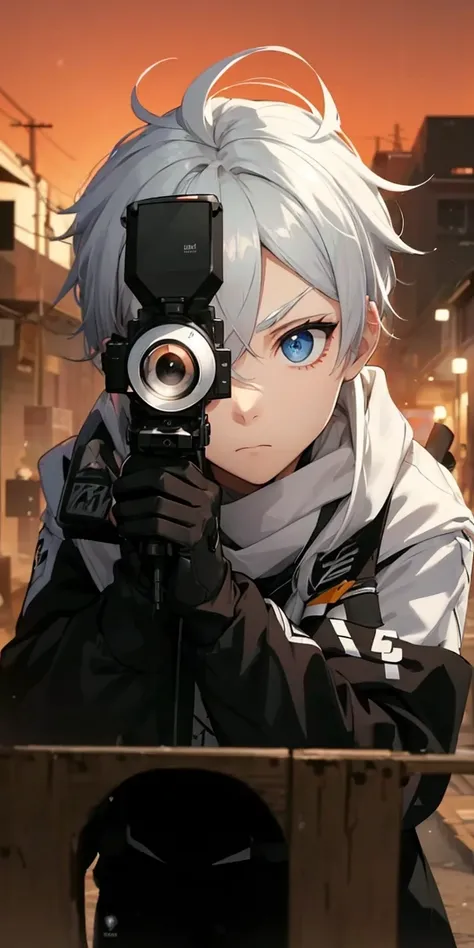 Boy with white hair;
shorth hair;
Messy hair;
eye white;
Some gun sight marks on the pupils;
wear black pants;
black jersey;
A white sweater;
A white scarf;
Pupilas brancas cor neve 

A sniper tem a cor branca também 
There&#39;s a white sniper on the back...