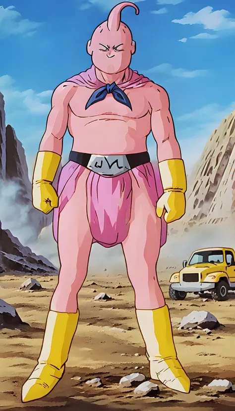 solo, majin buu,short, (nude:3.5),(angry:2),fighting_stance,in wasteland,destroyed rock,(soft shading), 4k, hi res, ((detailed face, (detailed eyes:1.0), detailed)), (full body), looking at viewer, 1boy, upper body, male focus,nude,(bare_legs:1.5),(topless...