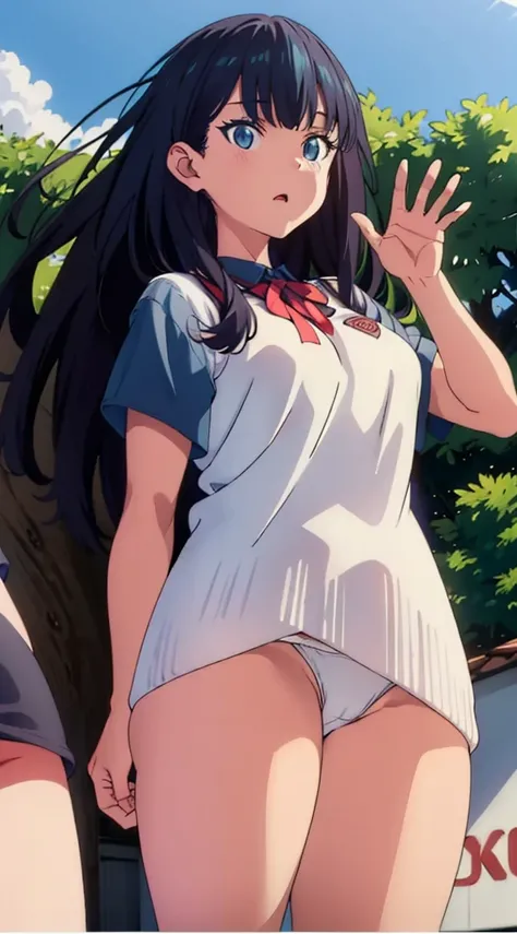 Without skirt、The skirt is flipped up、Without skirt、White underwear、In underwear、Panties in full view、White panties、 1, 1girl, asahina mikuru, long hair, kita high , solo,  short sleeves, red ribbon, large breasts, cowboy shot, waving, outdoors, Underwear ...