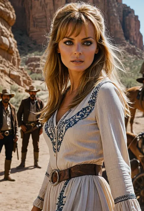 (establishing shot view :1.1), izabella scorupco in a (The Good, the Bad and the Ugly (1966) film scene:1.1),stunning,dynamic pose,hyper-realistic,highly detailed,lightroom,(motion blur),iso 150,dramatic lighting,((psychedelic)),natural lighting,vibrant,dr...