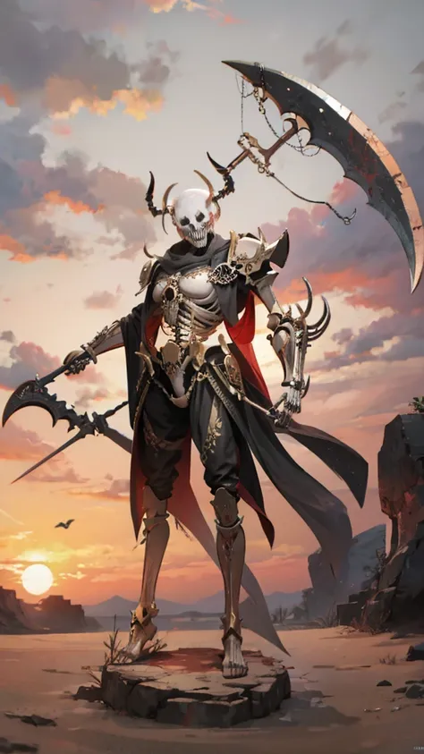 skeleton demon, whole body, with ancient armor and a scythe in his hands 